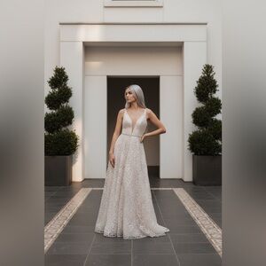 Signature Cream Plunge Neck Sleeveless Wedding Gown